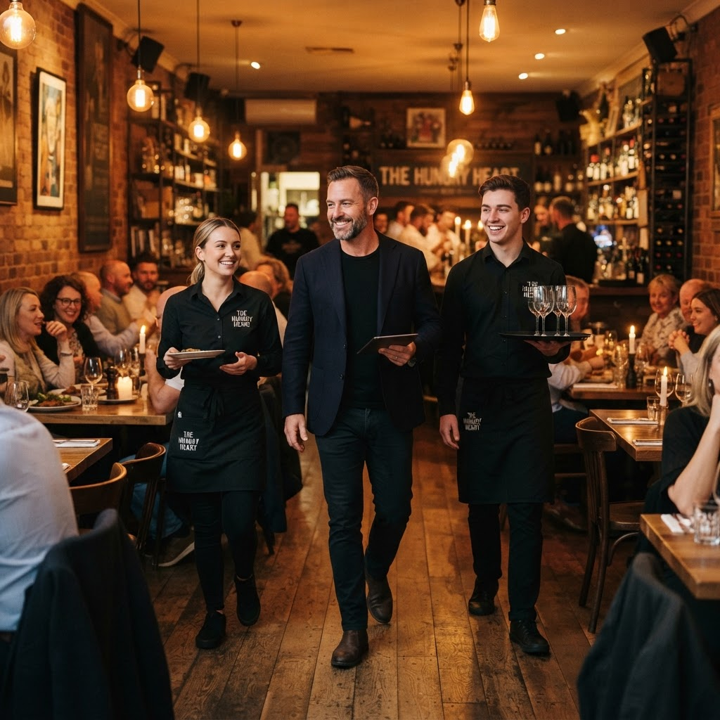 Confident restaurant owner leading their team
