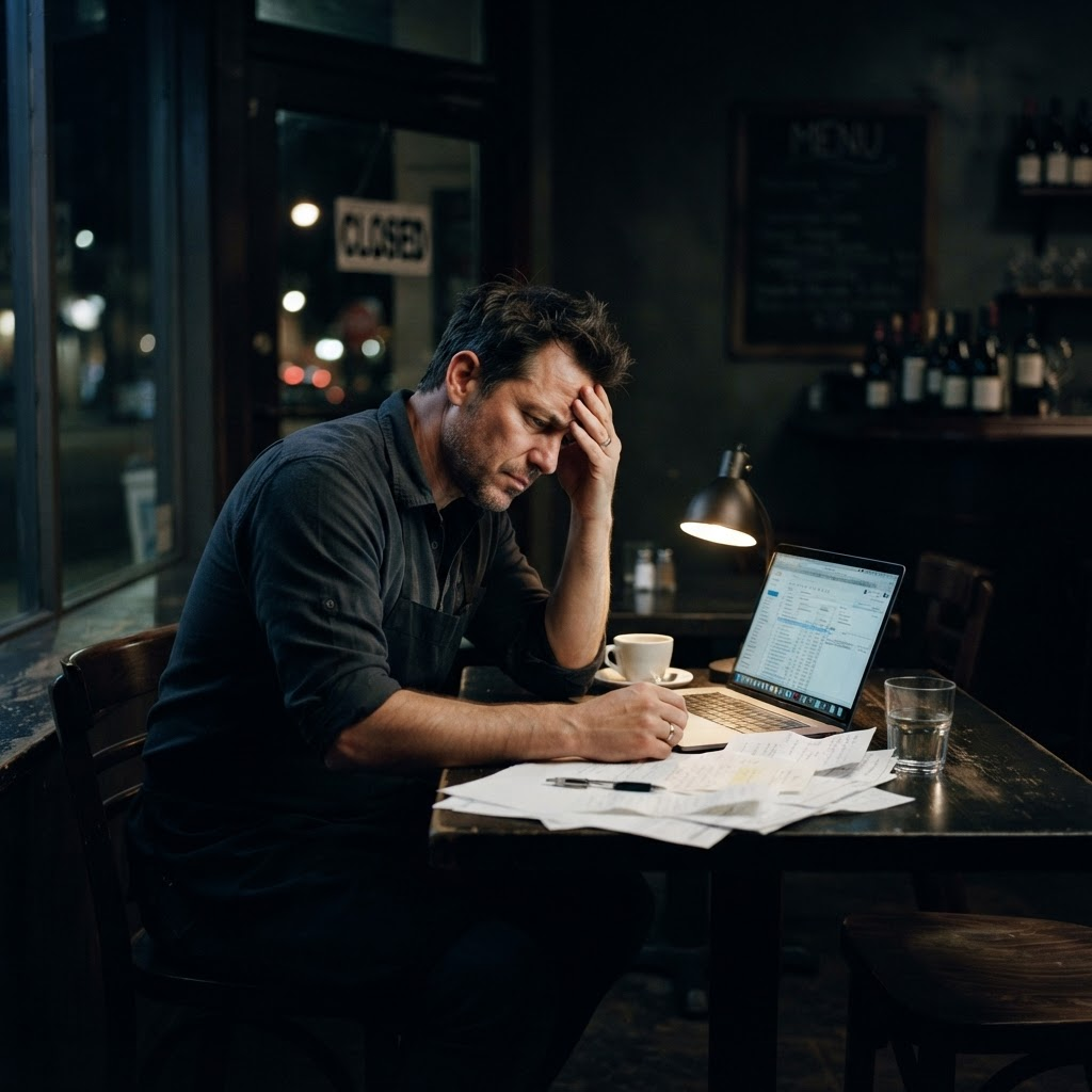 Overwhelmed restaurant owner working late